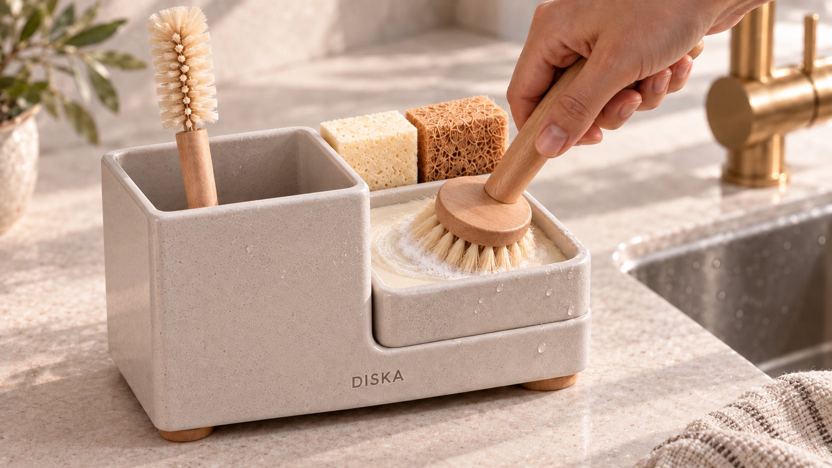 A hand swirling the beech Everyday brush on the paste in the Diska Stand, with the bottle brush and two sponges in place
