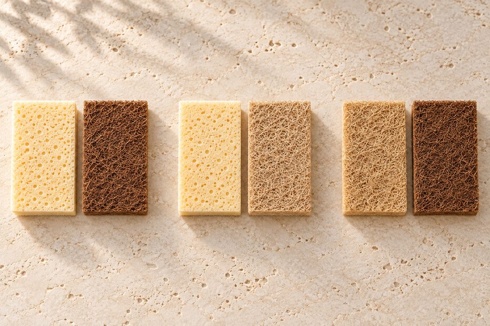Three sponge pairs: cellulose and coconut, cellulose and loofah, loofah and coconut